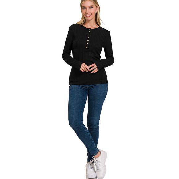 NWT BLACK RIBBED LONG SLEEVE BUTTON DOWN TOP - Picture 3 of 3